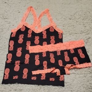Pineapple Sleepwear Set Black & Orange/coral with Lace Trim Sz. Large